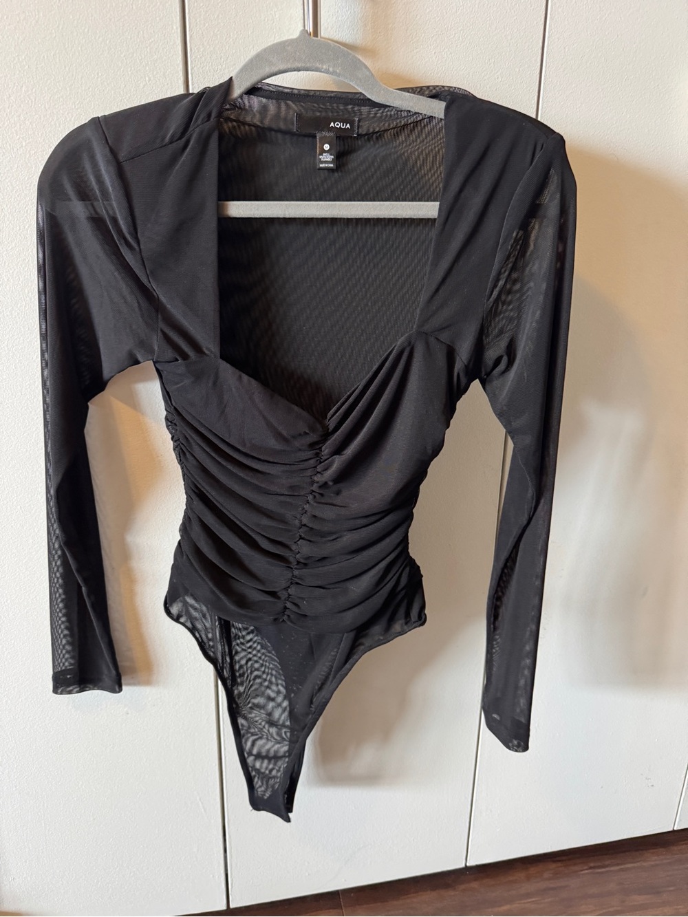 Aqua Black Ruched V-Neck Long Sleeve Bodysuit